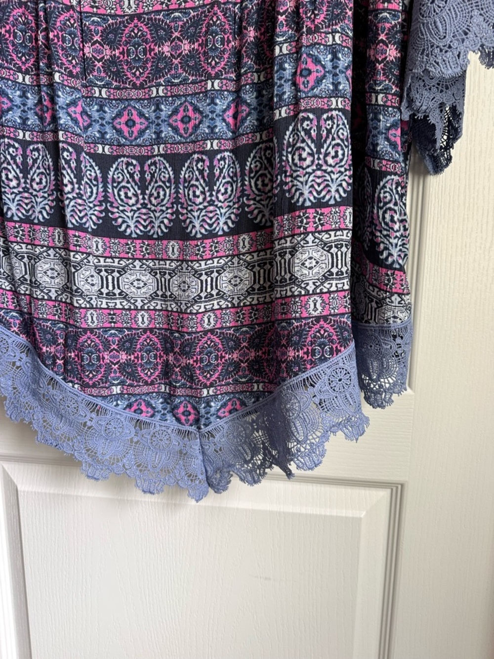 Catherines Navy Pink White Patterned Lace-Trim V-Neck Blouse - Picture 4 of 6